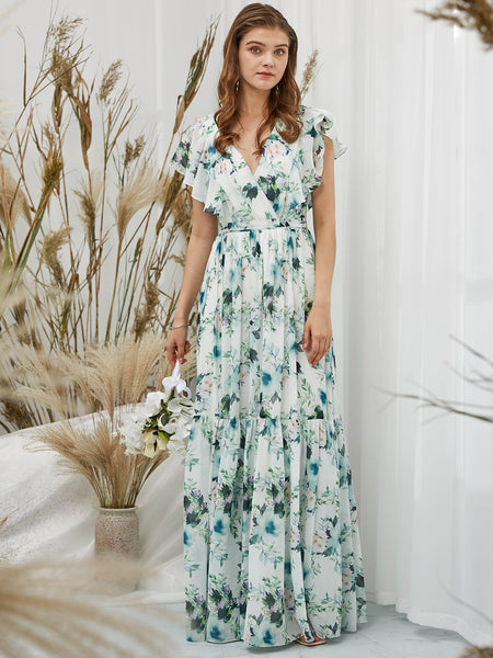 MissJophiel Women V Neck Surplice Ruffle Floral Tiered Maxi Long Wedding Party Bridesmaid Evening Dinner Prom Gown