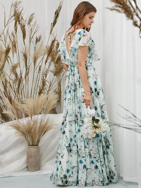 MissJophiel Women V Neck Surplice Ruffle Floral Tiered Maxi Long Wedding Party Bridesmaid Evening Dinner Prom Gown