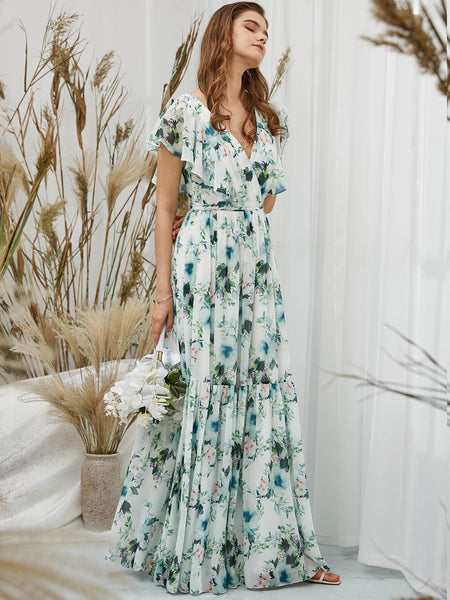 MissJophiel Women V Neck Surplice Ruffle Floral Tiered Maxi Long Wedding Party Bridesmaid Evening Dinner Prom Gown