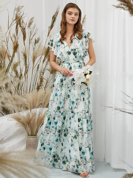 MissJophiel Women V Neck Surplice Ruffle Floral Tiered Maxi Long Wedding Party Bridesmaid Evening Dinner Prom Gown