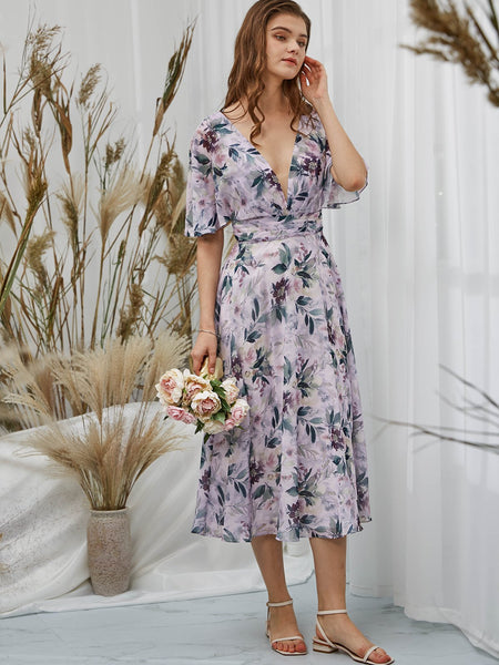 MissJophiel Women Lavender Purple V Neck Floral Tea Length Wedding Party Guest Summer Dresses Cocktail Casual