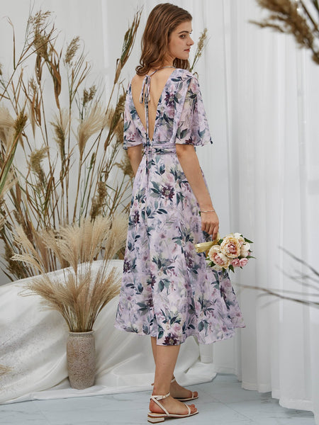 MissJophiel Women Lavender Purple V Neck Floral Tea Length Wedding Party Guest Summer Dresses Cocktail Casual
