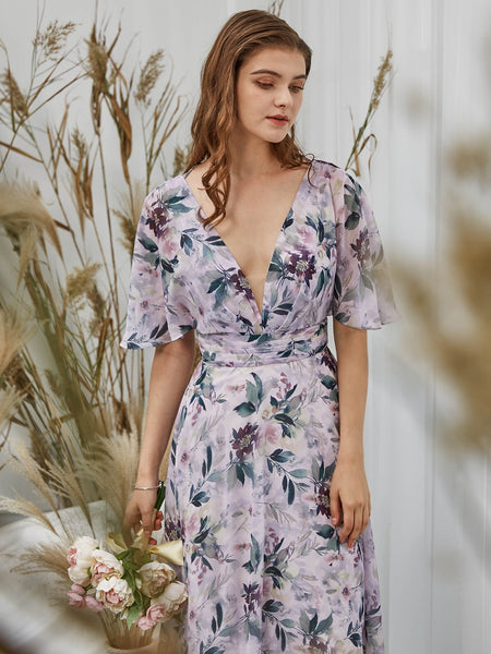 MissJophiel Women Lavender Purple V Neck Floral Tea Length Wedding Party Guest Summer Dresses Cocktail Casual
