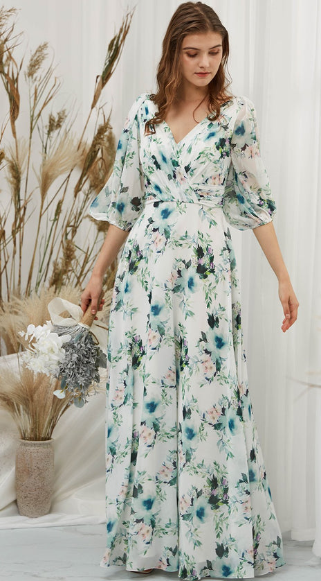 MissJophiel Women Half Sleeves Floral Maxi Long Wedding Bride Party Bridesmaid Dresses Formal Eevening Evening Gown