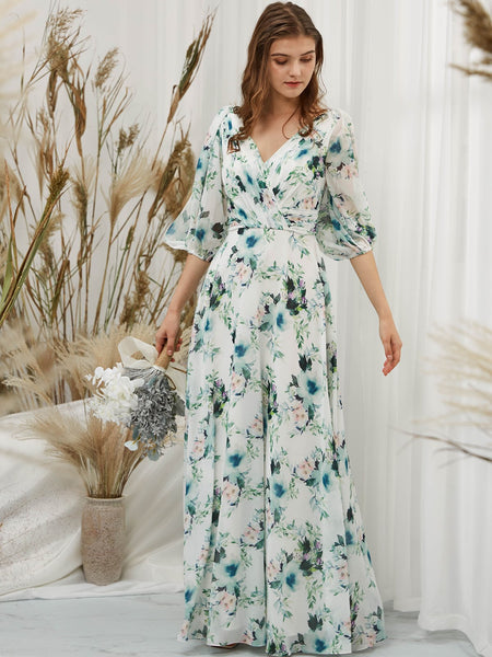 MissJophiel Women Half Sleeves Floral Maxi Long Wedding Bride Party Bridesmaid Dresses Formal Eevening Evening Gown