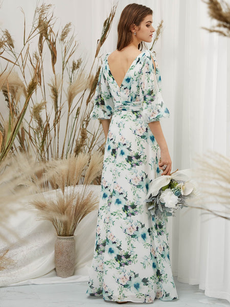 MissJophiel Women Half Sleeves Floral Maxi Long Wedding Bride Party Bridesmaid Dresses Formal Eevening Evening Gown