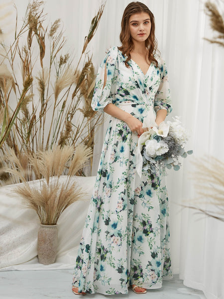 MissJophiel Women Half Sleeves Floral Maxi Long Wedding Bride Party Bridesmaid Dresses Formal Eevening Evening Gown