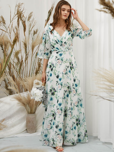 MissJophiel Women Half Sleeves Floral Maxi Long Wedding Bride Party Bridesmaid Dresses Formal Eevening Evening Gown