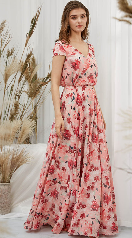 MissJophiel Women Red Cap Sleeve V Neck Maxi Long Wedding Bride Party Bridesmaid Dresses Guest Evening Gown Mother