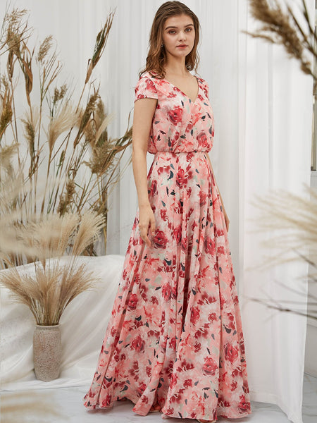 MissJophiel Women Red Cap Sleeve V Neck Maxi Long Wedding Bride Party Bridesmaid Dresses Guest Evening Gown Mother