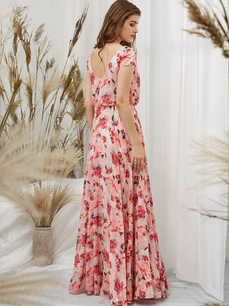 MissJophiel Women Red Cap Sleeve V Neck Maxi Long Wedding Bride Party Bridesmaid Dresses Guest Evening Gown Mother