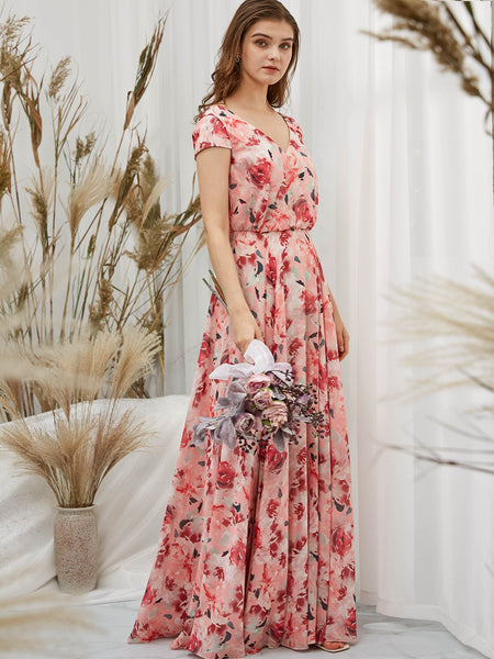 MissJophiel Women Red Cap Sleeve V Neck Maxi Long Wedding Bride Party Bridesmaid Dresses Guest Evening Gown Mother