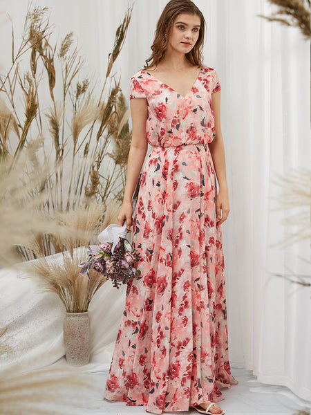 MissJophiel Women Red Cap Sleeve V Neck Maxi Long Wedding Bride Party Bridesmaid Dresses Guest Evening Gown Mother