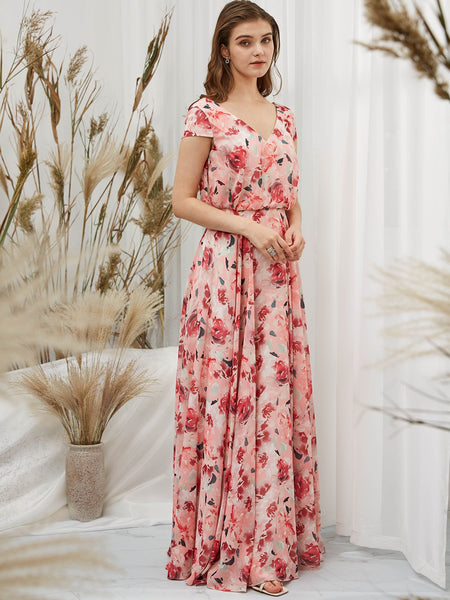 MissJophiel Women Red Cap Sleeve V Neck Maxi Long Wedding Bride Party Bridesmaid Dresses Guest Evening Gown Mother