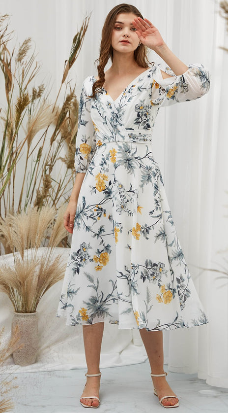 MissJophiel Women 3/4 Sleeves Tea Length Midi V Neck Wedding Party Mother Bride Guest Dresses Cocktail Casual