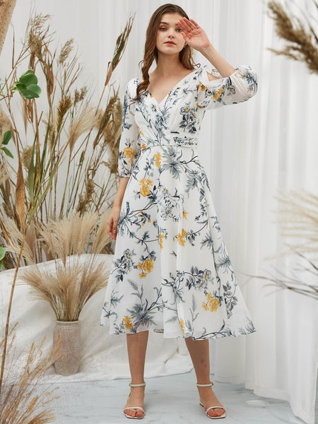 MissJophiel Women 3/4 Sleeves Tea Length Midi V Neck Wedding Party Mother Bride Guest Dresses Cocktail Casual