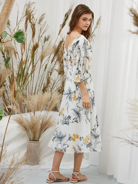 MissJophiel Women 3/4 Sleeves Tea Length Midi V Neck Wedding Party Mother Bride Guest Dresses Cocktail Casual