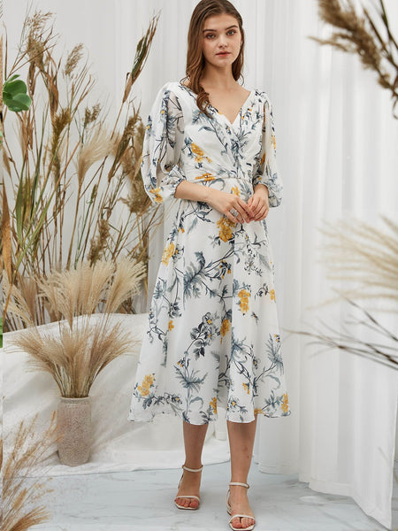 MissJophiel Women 3/4 Sleeves Tea Length Midi V Neck Wedding Party Mother Bride Guest Dresses Cocktail Casual