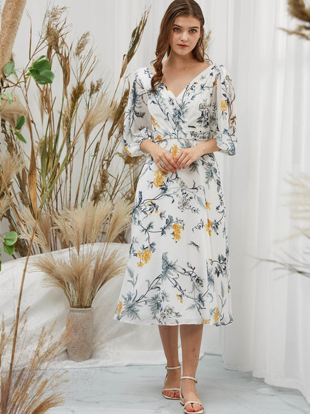 MissJophiel Women 3/4 Sleeves Tea Length Midi V Neck Wedding Party Mother Bride Guest Dresses Cocktail Casual