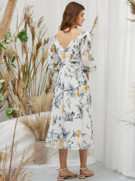 MissJophiel Women 3/4 Sleeves Tea Length Midi V Neck Wedding Party Mother Bride Guest Dresses Cocktail Casual