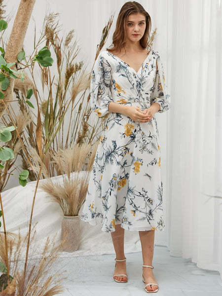 MissJophiel Women 3/4 Sleeves Tea Length Midi V Neck Wedding Party Mother Bride Guest Dresses Cocktail Casual