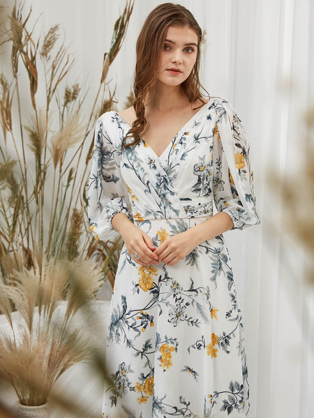 MissJophiel Women 3/4 Sleeves Tea Length Midi V Neck Wedding Party Mother Bride Guest Dresses Cocktail Casual