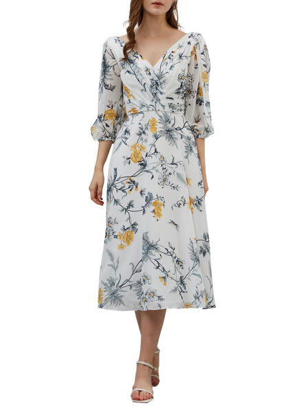 MissJophiel Women 3/4 Sleeves Tea Length Midi V Neck Wedding Party Mother Bride Guest Dresses Cocktail Casual
