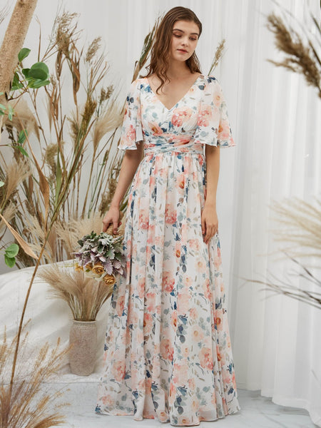 Missjophiel Women V Neck Ruffled Half Sleeves Long Pink Wedding Party Bridesmaid Dresses Prom Formal Evening