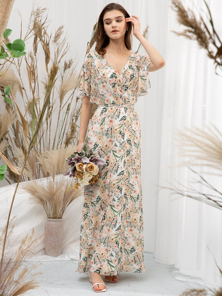 MissJophiel Women V Neck Ruffled Bell Sleeves Maxi Long Wedding Bride Party Bridesmaid Dresses Prom Evening Gown