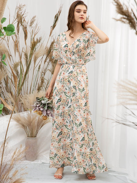 MissJophiel Women V Neck Ruffled Bell Sleeves Maxi Long Wedding Bride Party Bridesmaid Dresses Prom Evening Gown
