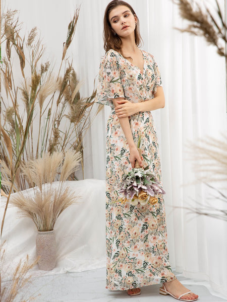 MissJophiel Women V Neck Ruffled Bell Sleeves Maxi Long Wedding Bride Party Bridesmaid Dresses Prom Evening Gown
