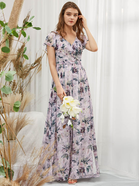 MissJophiel Women Cape Sleeeves V Neck Maxi Long Lavender Wedding Bride Party Bridesmaid Dresses Guest Evening Casual