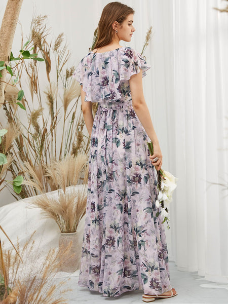MissJophiel Women Cape Sleeeves V Neck Maxi Long Lavender Wedding Bride Party Bridesmaid Dresses Guest Evening Casual