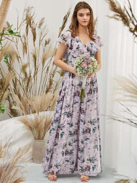 MissJophiel Women Cape Sleeeves V Neck Maxi Long Lavender Wedding Bride Party Bridesmaid Dresses Guest Evening Casual