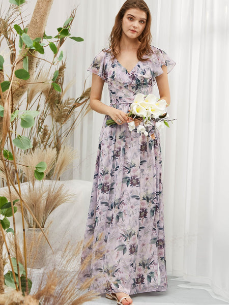 MissJophiel Women Cape Sleeeves V Neck Maxi Long Lavender Wedding Bride Party Bridesmaid Dresses Guest Evening Casual