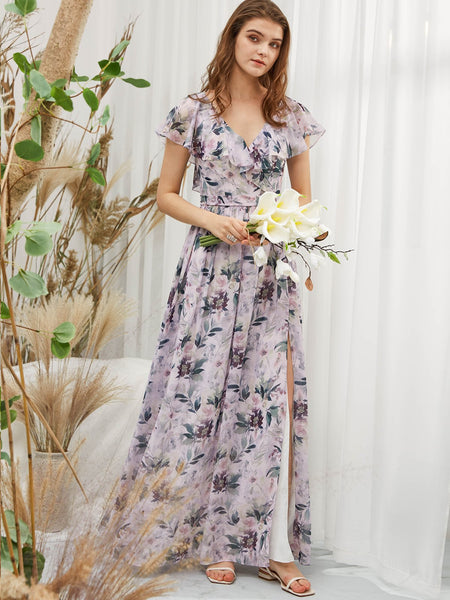 MissJophiel Women Cape Sleeeves V Neck Maxi Long Lavender Wedding Bride Party Bridesmaid Dresses Guest Evening Casual