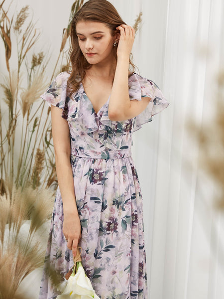 MissJophiel Women Cape Sleeeves V Neck Maxi Long Lavender Wedding Bride Party Bridesmaid Dresses Guest Evening Casual