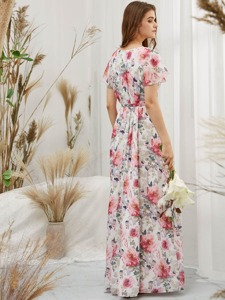 MissJophiel Women Ruffled Short Sleeves Maxi Long Weding Bride Party Bridesmaid Dresses Guest Evening Prom