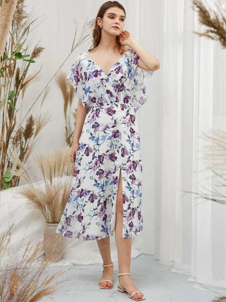 MissJophiel Women Short Cape Sleeves Midi Purple Foral Wedding Bride Mother Party Guest Dresses Casual Prom Homecoming