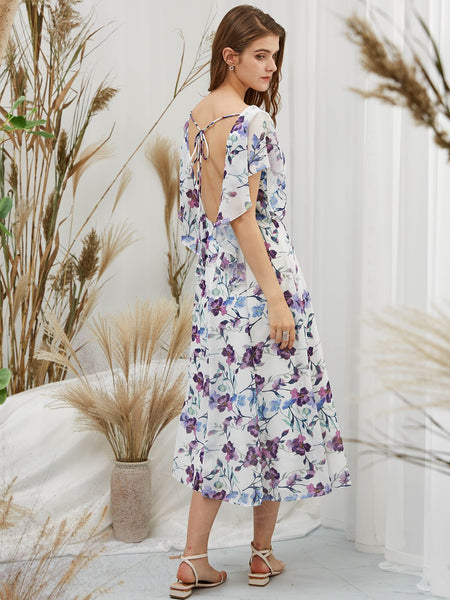MissJophiel Women Short Cape Sleeves Midi Purple Foral Wedding Bride Mother Party Guest Dresses Casual Prom Homecoming