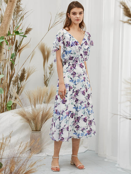 MissJophiel Women Short Cape Sleeves Midi Purple Foral Wedding Bride Mother Party Guest Dresses Casual Prom Homecoming
