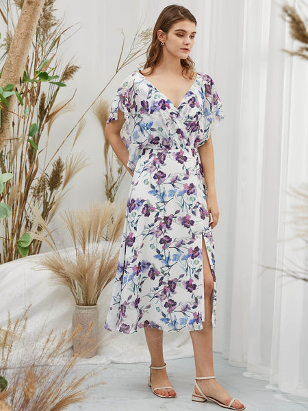 MissJophiel Women Short Cape Sleeves Midi Purple Foral Wedding Bride Mother Party Guest Dresses Casual Prom Homecoming