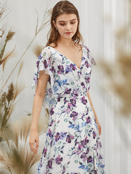 MissJophiel Women Short Cape Sleeves Midi Purple Foral Wedding Bride Mother Party Guest Dresses Casual Prom Homecoming