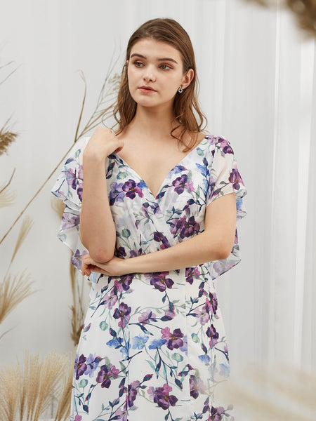 MissJophiel Women Short Cape Sleeves Midi Purple Foral Wedding Bride Mother Party Guest Dresses Casual Prom Homecoming