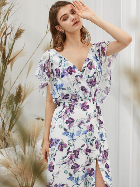 MissJophiel Women Short Cape Sleeves Midi Purple Foral Wedding Bride Mother Party Guest Dresses Casual Prom Homecoming