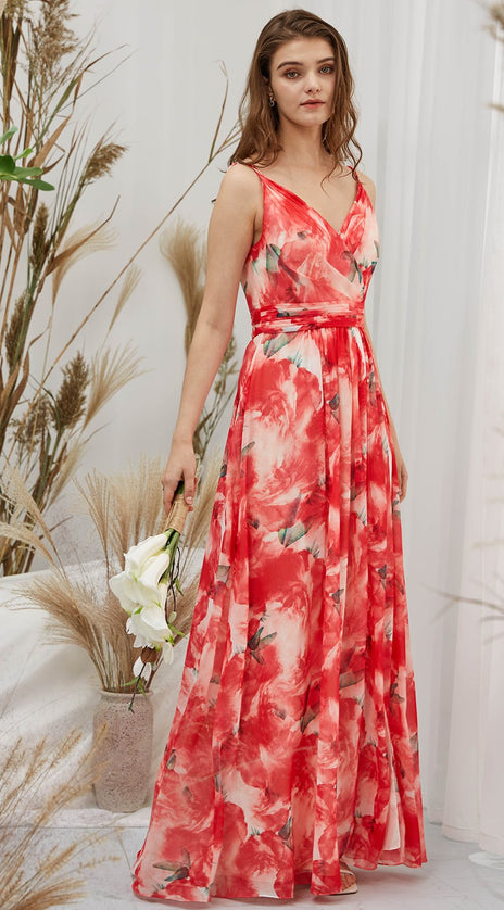 MissJophiel Women V Neck Red Floral Maxi Long Wedding Party Bridesmaid Dresses Prom Gown Causal Formal Evening
