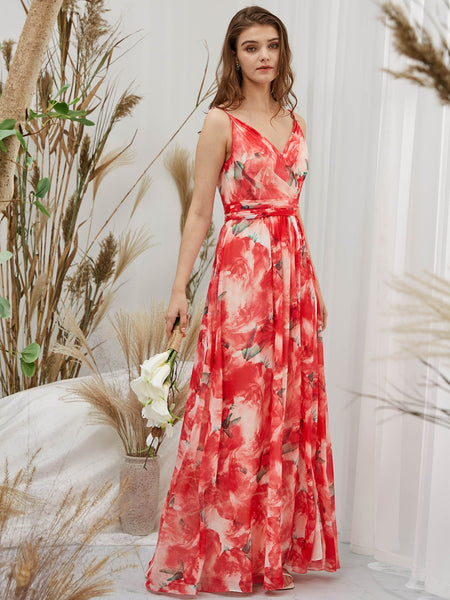 MissJophiel Women V Neck Red Floral Maxi Long Wedding Party Bridesmaid Dresses Prom Gown Causal Formal Evening