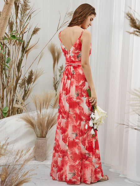 MissJophiel Women V Neck Red Floral Maxi Long Wedding Party Bridesmaid Dresses Prom Gown Causal Formal Evening