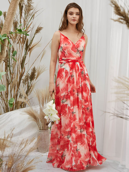 MissJophiel Women V Neck Red Floral Maxi Long Wedding Party Bridesmaid Dresses Prom Gown Causal Formal Evening