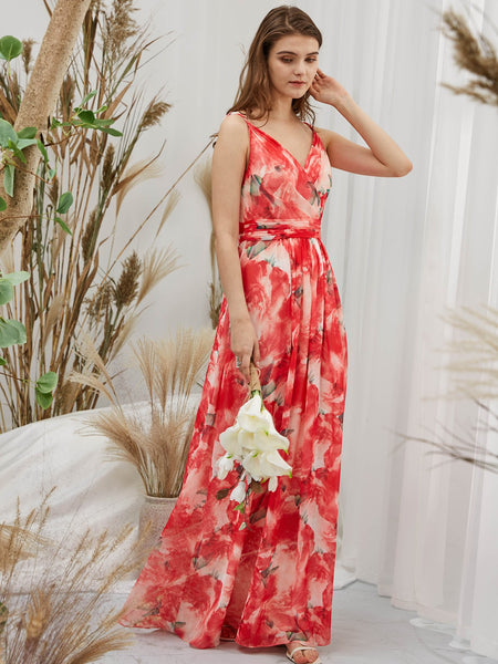 MissJophiel Women V Neck Red Floral Maxi Long Wedding Party Bridesmaid Dresses Prom Gown Causal Formal Evening